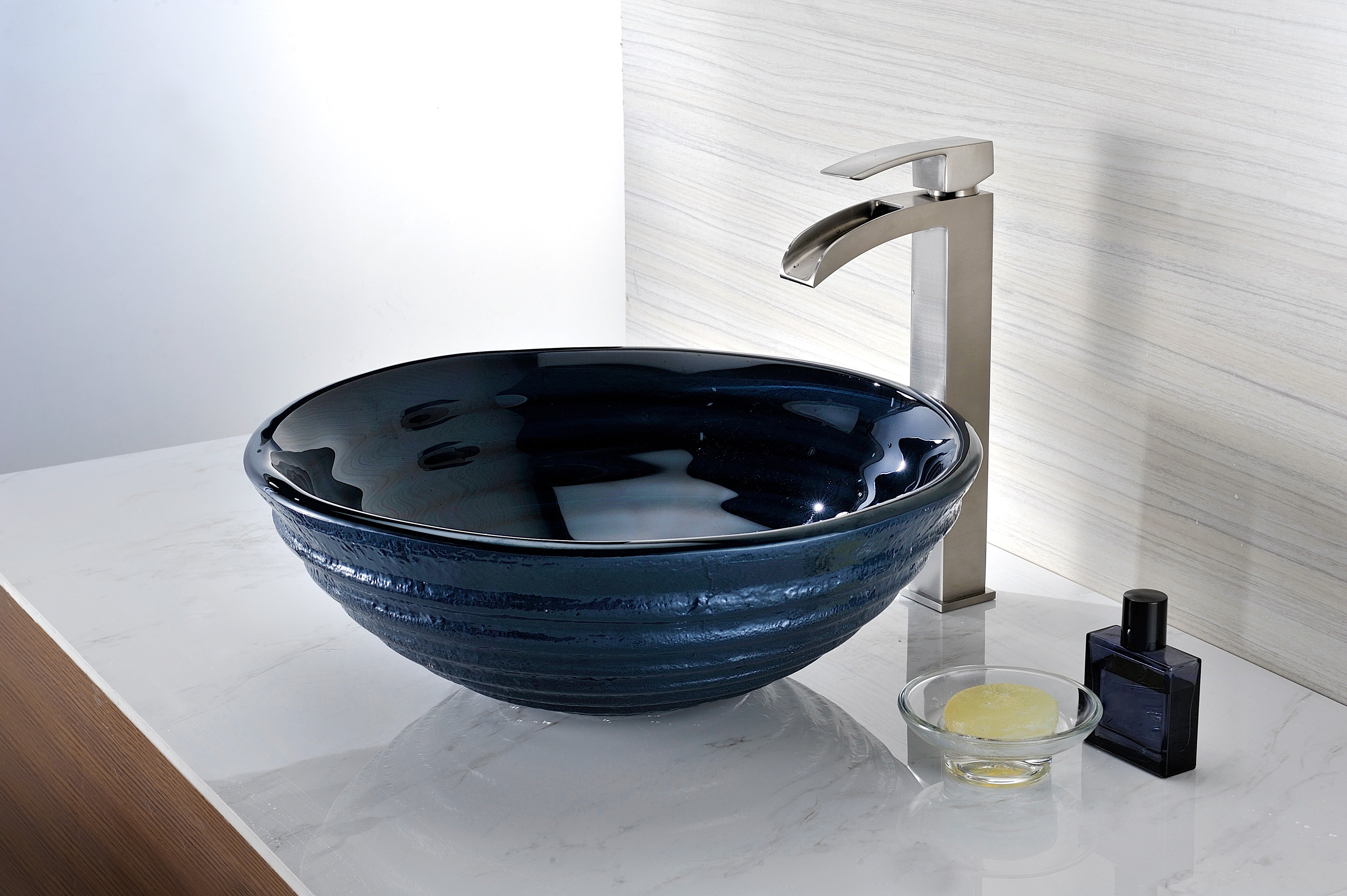 Rongomae Series Deco-Glass Vessel Sink in Coiled Blue