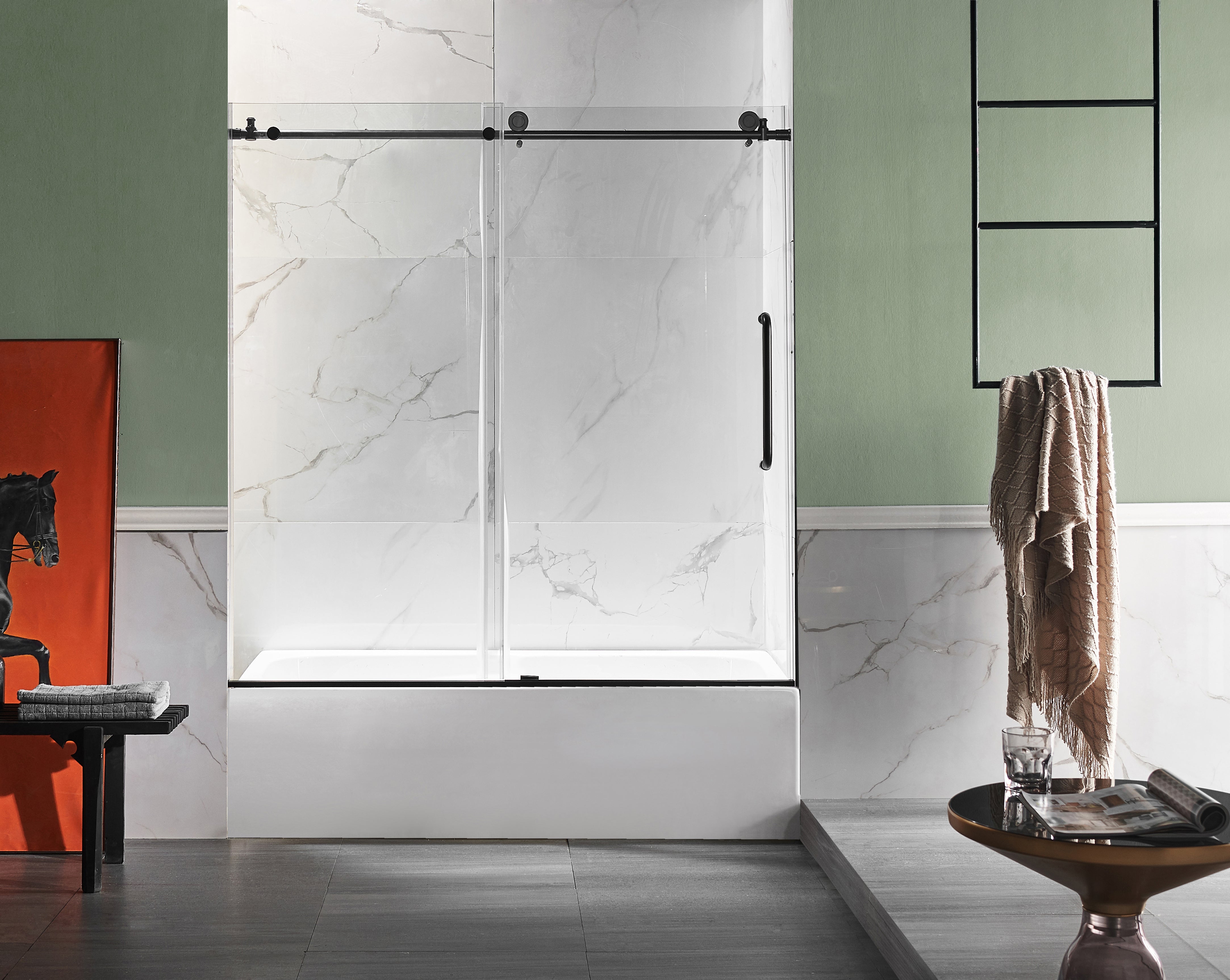 Anzzi 5 ft. Acrylic Rectangle Tub in White With 60 in. x 62 in. Frameless Sliding Tub Door