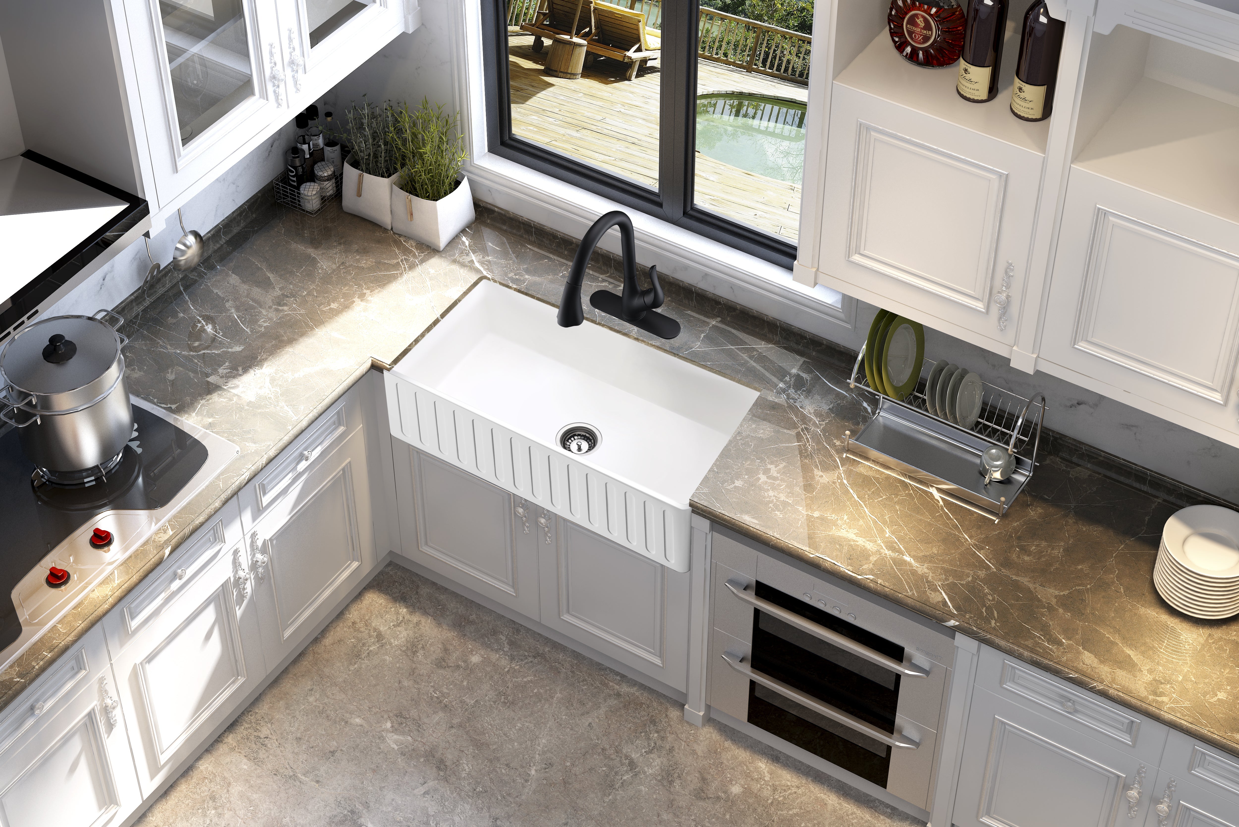 Roine Farmhouse Reversible Apron Front Solid Surface 33 in. Single Basin Kitchen Sink in White