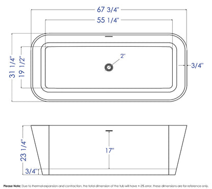 ALFI brand AB9952BM 67" Black & White Matte Rectangular Solid Surface Resin Soaking Bathtub