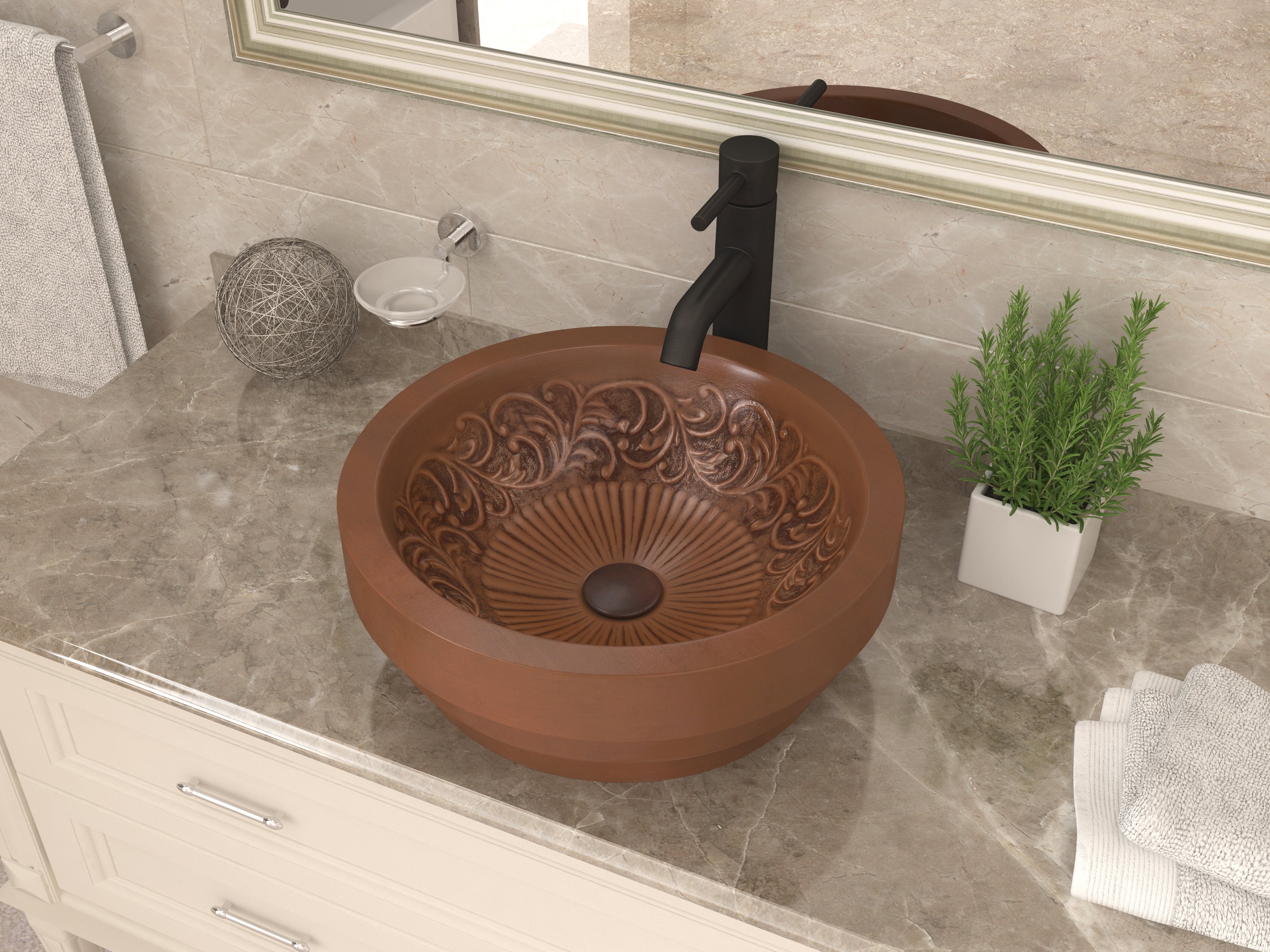 Admiral 17 in. Handmade Vessel Sink in Polished Antique Copper with Floral Design Interior