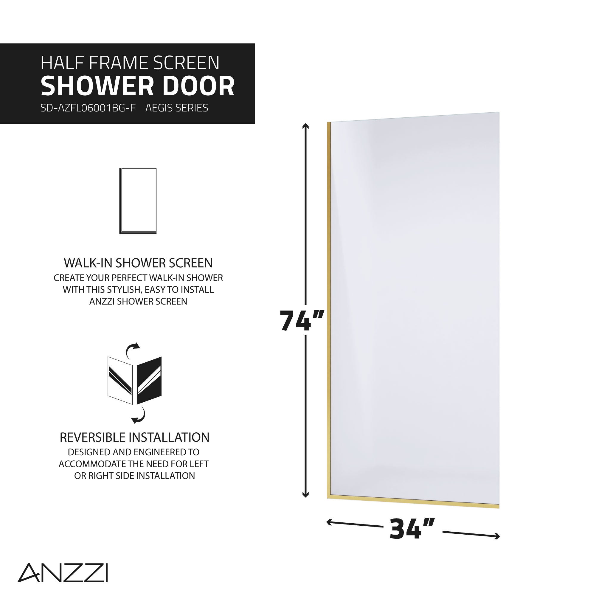 Veil Series 74 in. by 34 in. Framed Frosted Glass Shower Screen