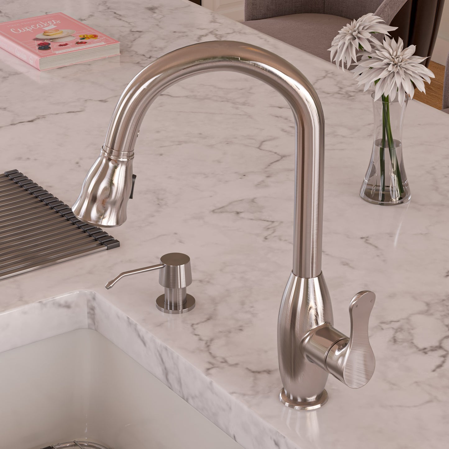 ALFI brand ABKF3783-BN Brushed Nickel Traditional Gooseneck Pull Down Kitchen Faucet