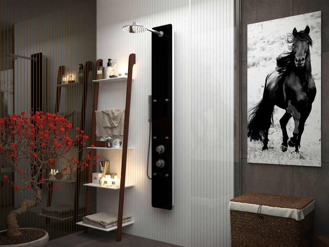 Melody 59 in. 6-Jetted Shower Panel with Heavy Rain Shower and Spray Wand in Black Deco-Glass