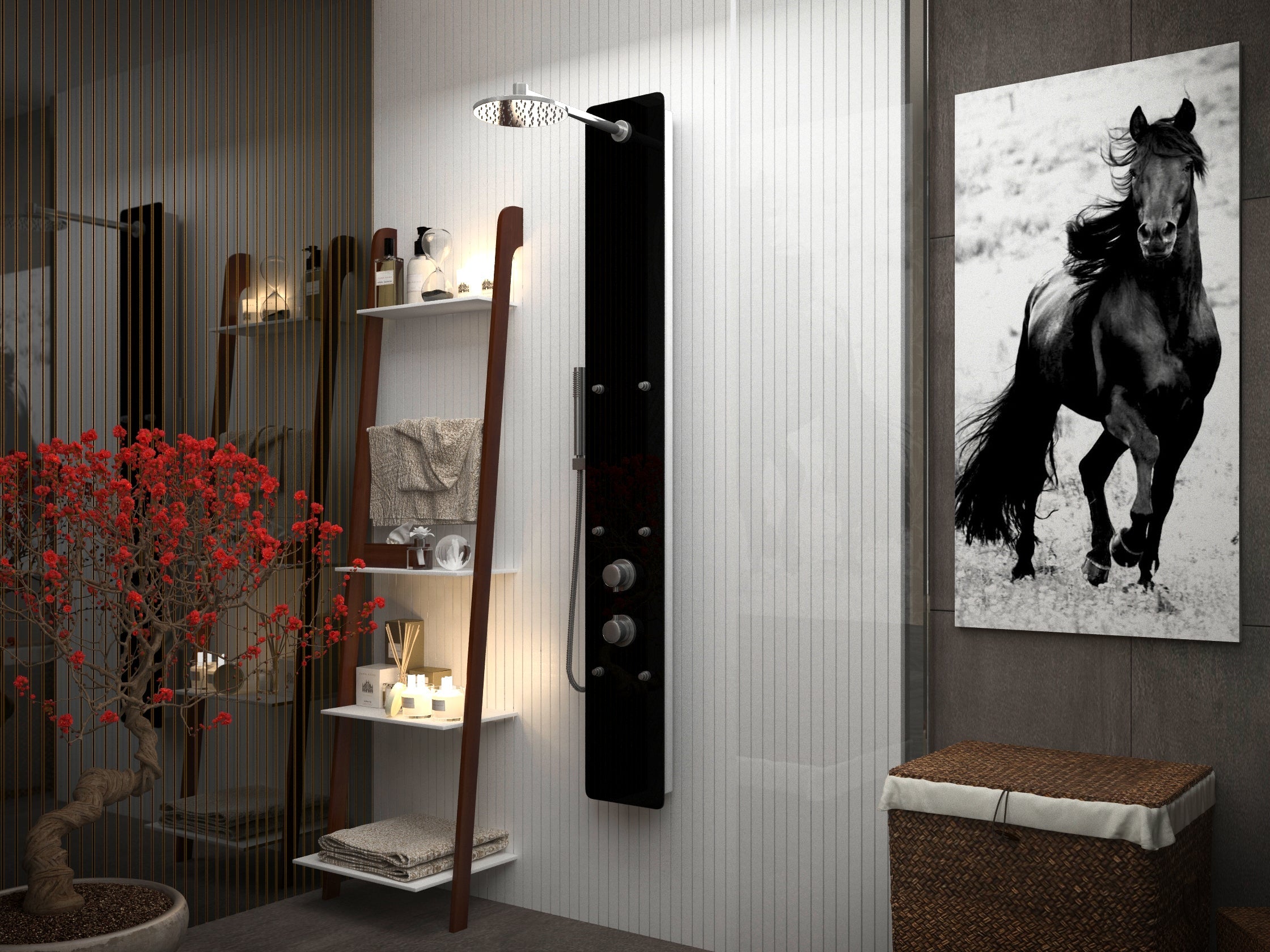 Melody 59 in. 6-Jetted Shower Panel with Heavy Rain Shower and Spray Wand in Black Deco-Glass