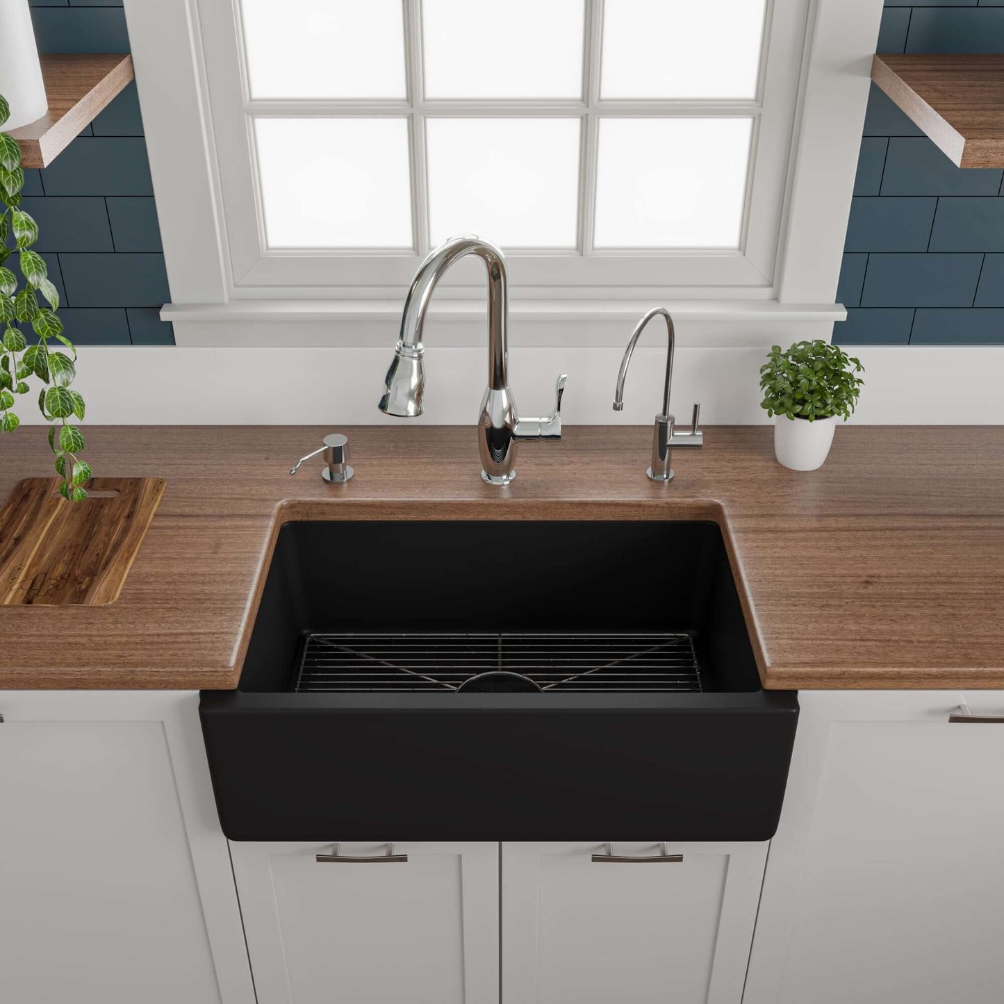 ALFI brand AB3018HS-BM 30" Black Matte Reversible Smooth / Fluted Single Bowl Fireclay Farm Sink