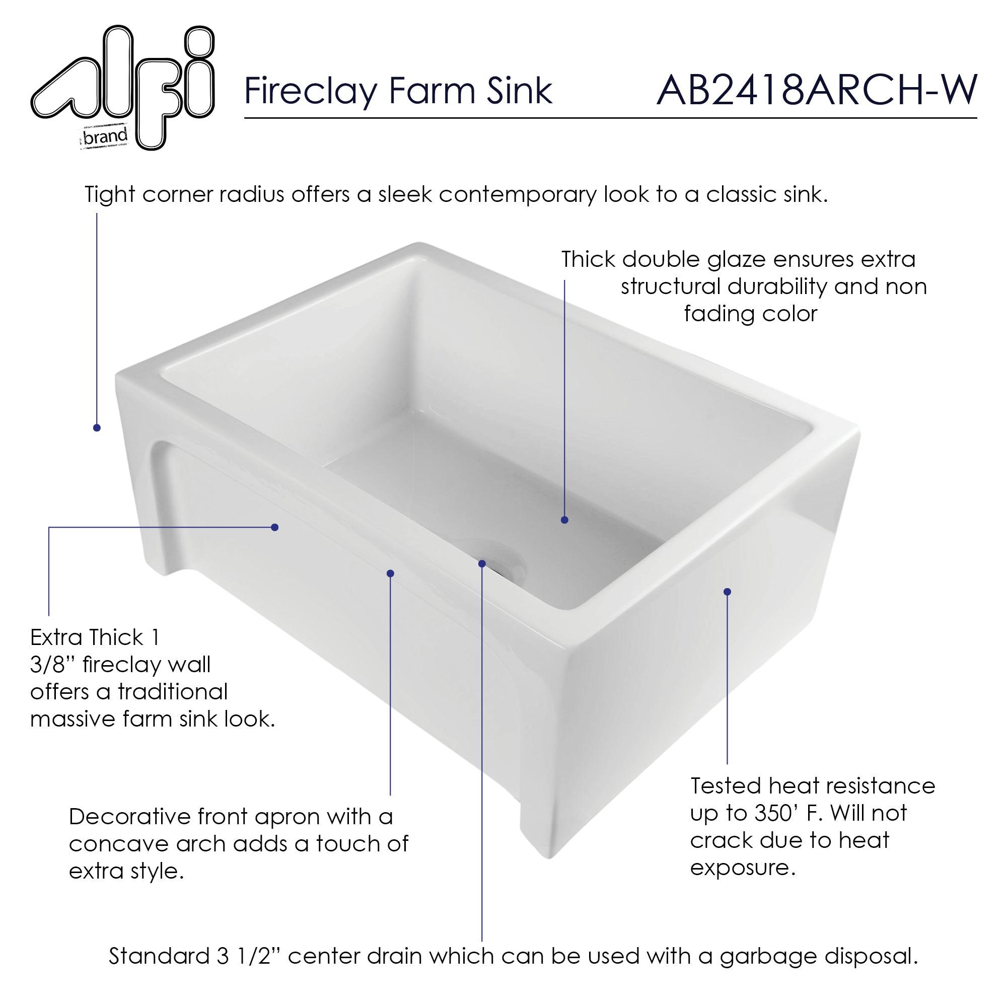 ALFI brand AB2418ARCH-W  24" White Arched Apron Thick Wall Fireclay Single Bowl Farm Sink