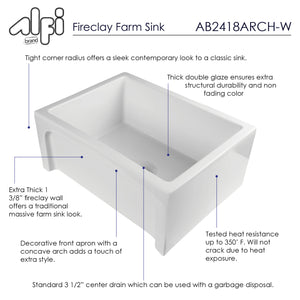 ALFI brand AB2418ARCH-W  24" White Arched Apron Thick Wall Fireclay Single Bowl Farm Sink