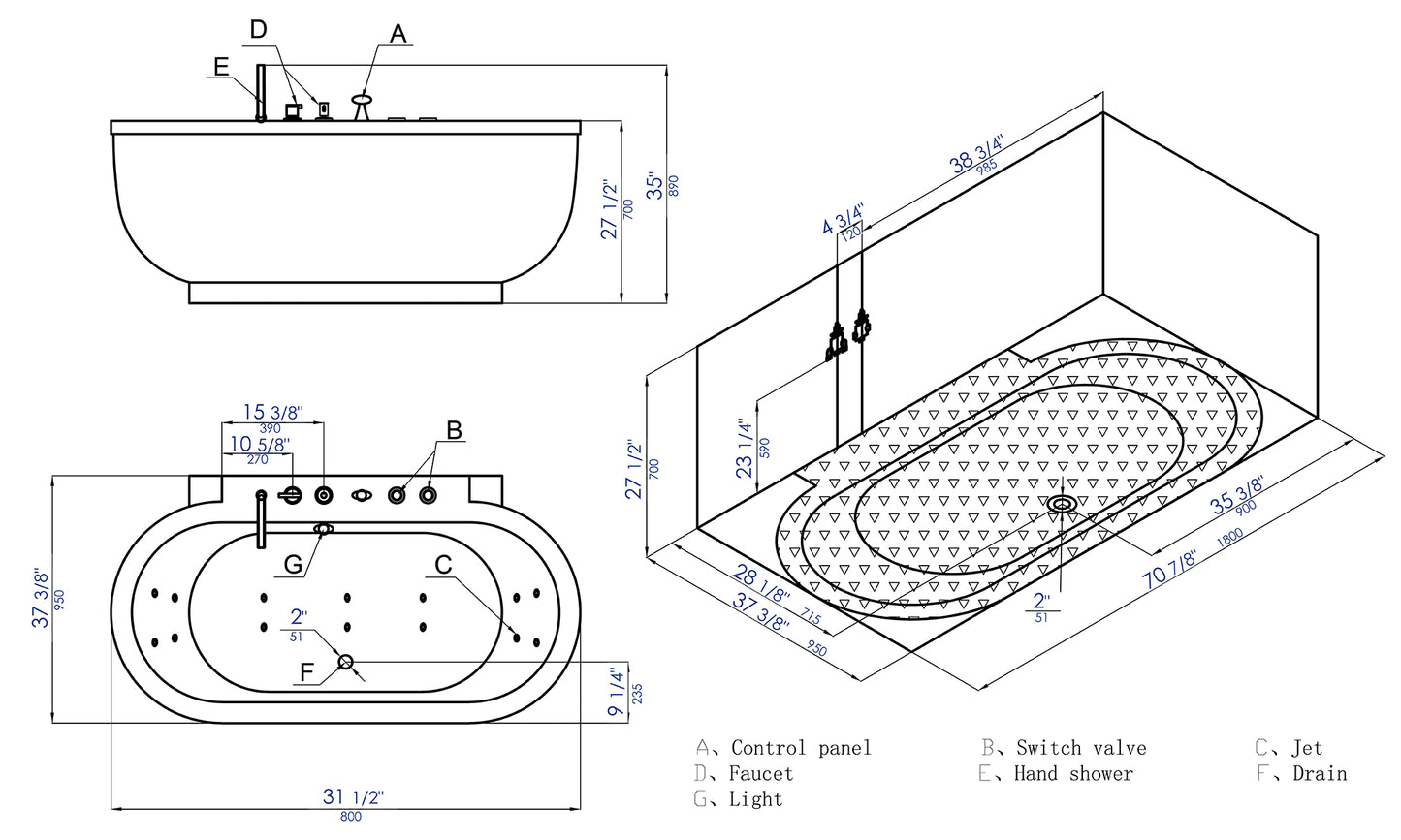 EAGO AM128ETL 6 ft Acrylic White Whirlpool Bathtub w Fixtures