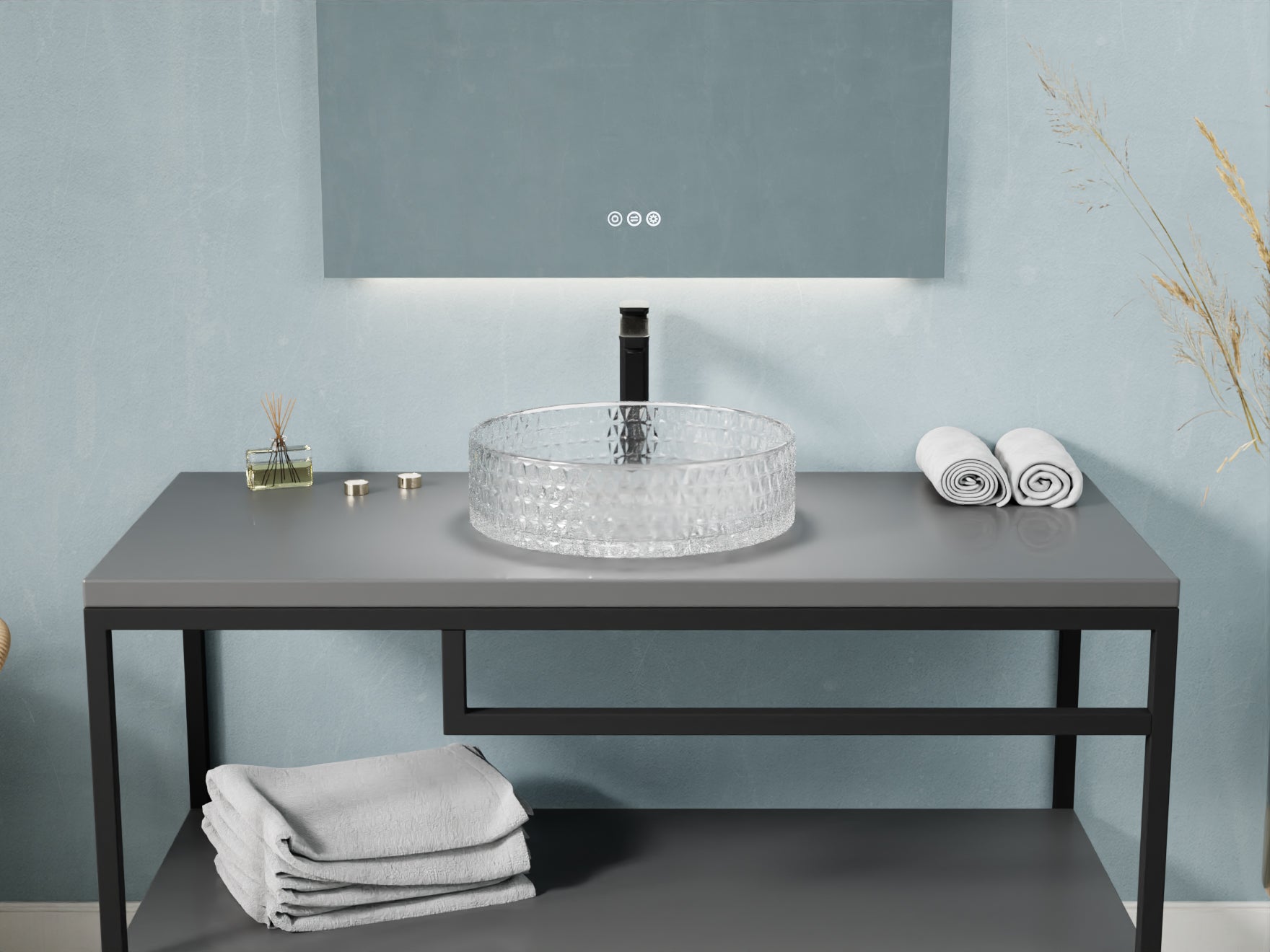 Celeste Round Clear Glass Vessel Bathroom Sink with Faceted Pattern