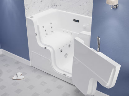 Right Drain FULLY LOADED Wheelchair Access Walk-in Tub with Air and Whirlpool Jets Hot Tub , Quick Fill Waterfall Tub Filler with 6 Setting Handheld Shower Sprayer , Including Aromatherapy, LED Lights, V-Shaped Back Jets, and Auto Drain , 2953WCRWD open door