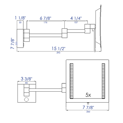 ALFI brand ABM8WLED-BN Brushed Nickel Wall Mount Square 8" 5x Magnifying Cosmetic Mirror with Light