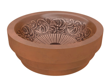 Admiral 17 in. Handmade Vessel Sink in Polished Antique Copper with Floral Design Interior