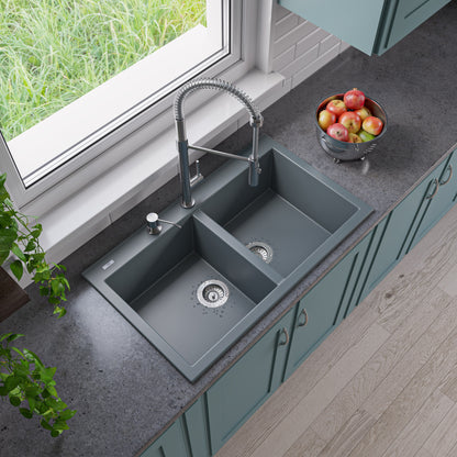 ALFI brand AB3420DI-T Titanium 34" Drop-In Double Bowl Granite Composite Kitchen Sink