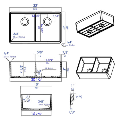 ALFI brand AB512-W White 32" Double Bowl Lip Apron Fireclay Farmhouse Kitchen Sink with 1 3/4" Lip