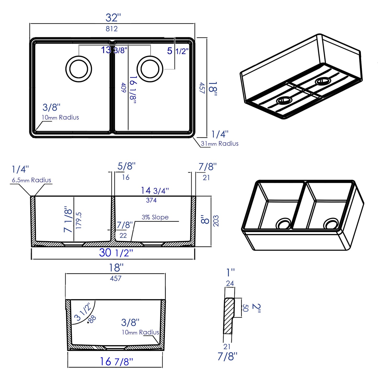 ALFI brand AB512-B Biscuit 32" Double Bowl Lip Apron Fireclay Farmhouse Kitchen Sink with 1 3/4" Lip