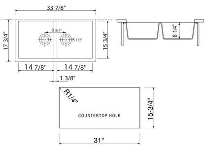 ALFI brand AB3420UM-BLA Black 34" Undermount Double Bowl Granite Composite Kitchen Sink