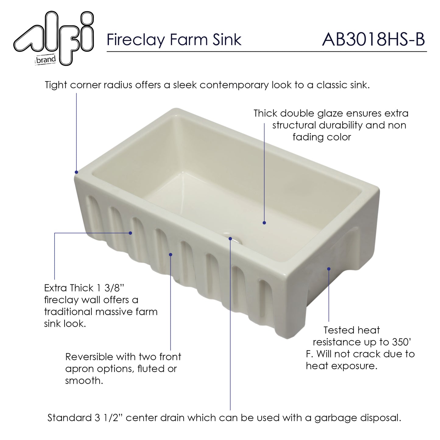 ALFI brand AB3018HS-B 30 inch Biscuit Reversible Smooth / Fluted Single Bowl Fireclay Farm Sink