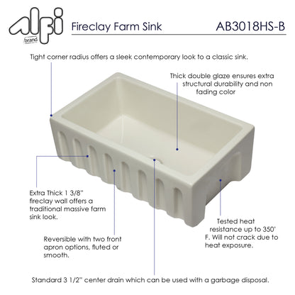 ALFI brand AB3018HS-B 30 inch Biscuit Reversible Smooth / Fluted Single Bowl Fireclay Farm Sink