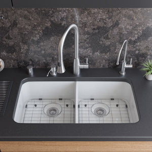 ALFI brand AB512UM-W 32 inch White Double Bowl Fireclay Undermount Kitchen Sink
