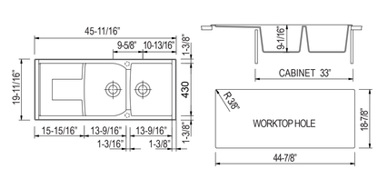 ALFI brand AB4620DI-W White 46" Double Bowl Granite Composite Kitchen Sink with Drainboard