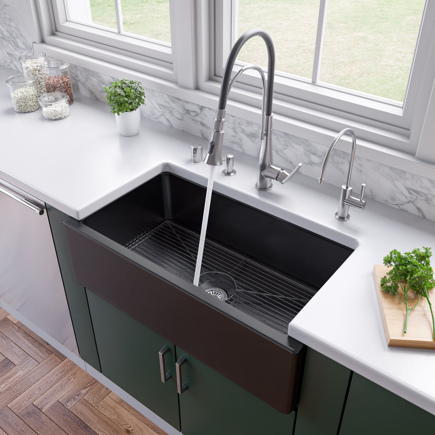 ALFI brand AB3318HS-BG Black Gloss 33" x 18" Reversible Fluted / Smooth Fireclay Farm Sink