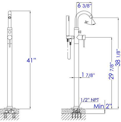 ALFI brand AB2534-PC Polished Chrome Single Lever Floor Mounted Tub Filler Mixer w Hand Held Shower Head