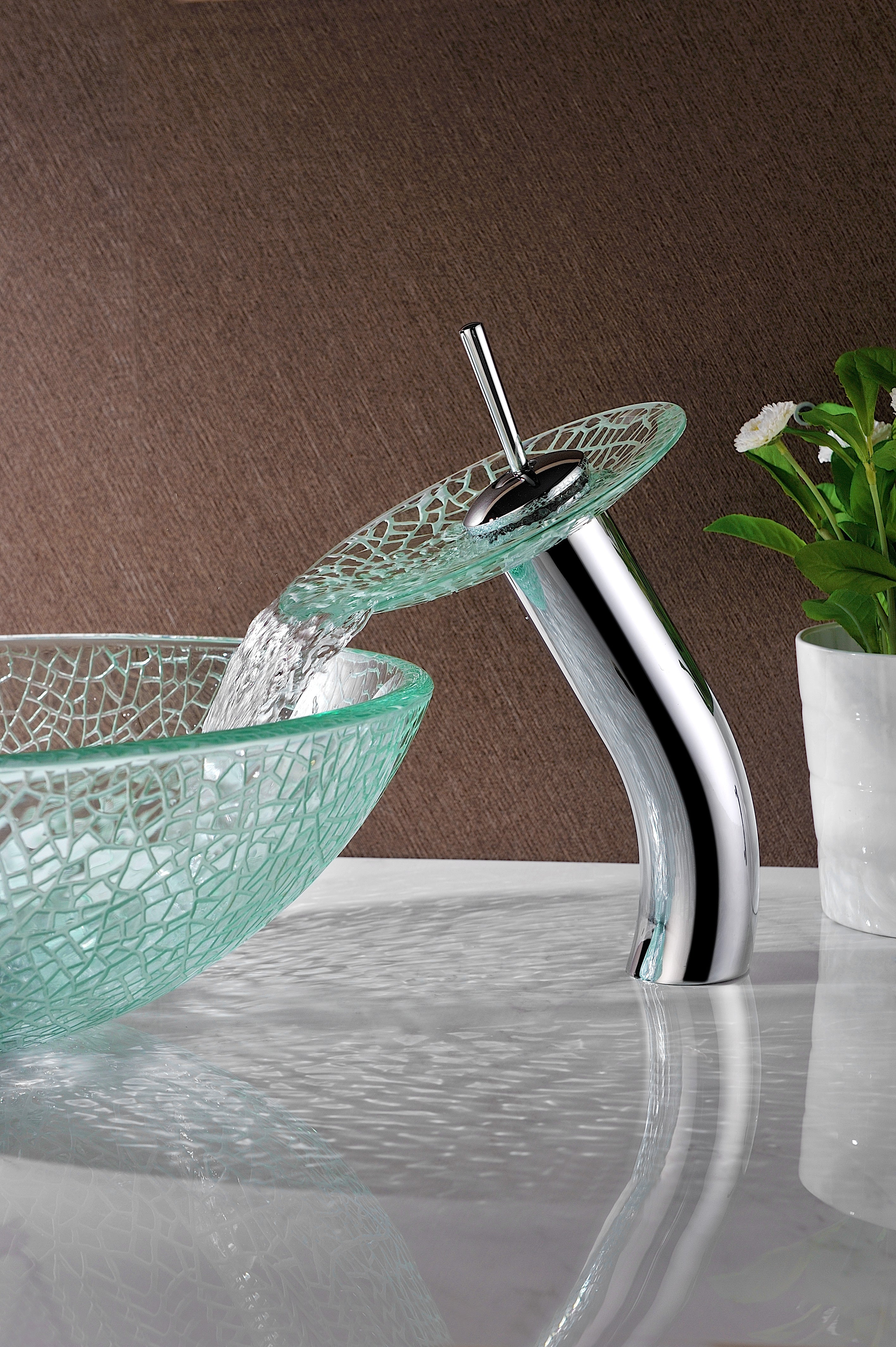 Paeva Series Deco-Glass Vessel Sink in Crystal Clear Chipasi with Matching Chrome Waterfall Faucet