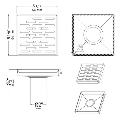 ALFI brand ABSD55C 5" x 5" Modern Square Stainless Steel Shower Drain with Groove Holes