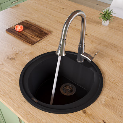 ALFI brand AB2020DI-BLA Black 20" Drop-In Round Granite Composite Kitchen Prep Sink