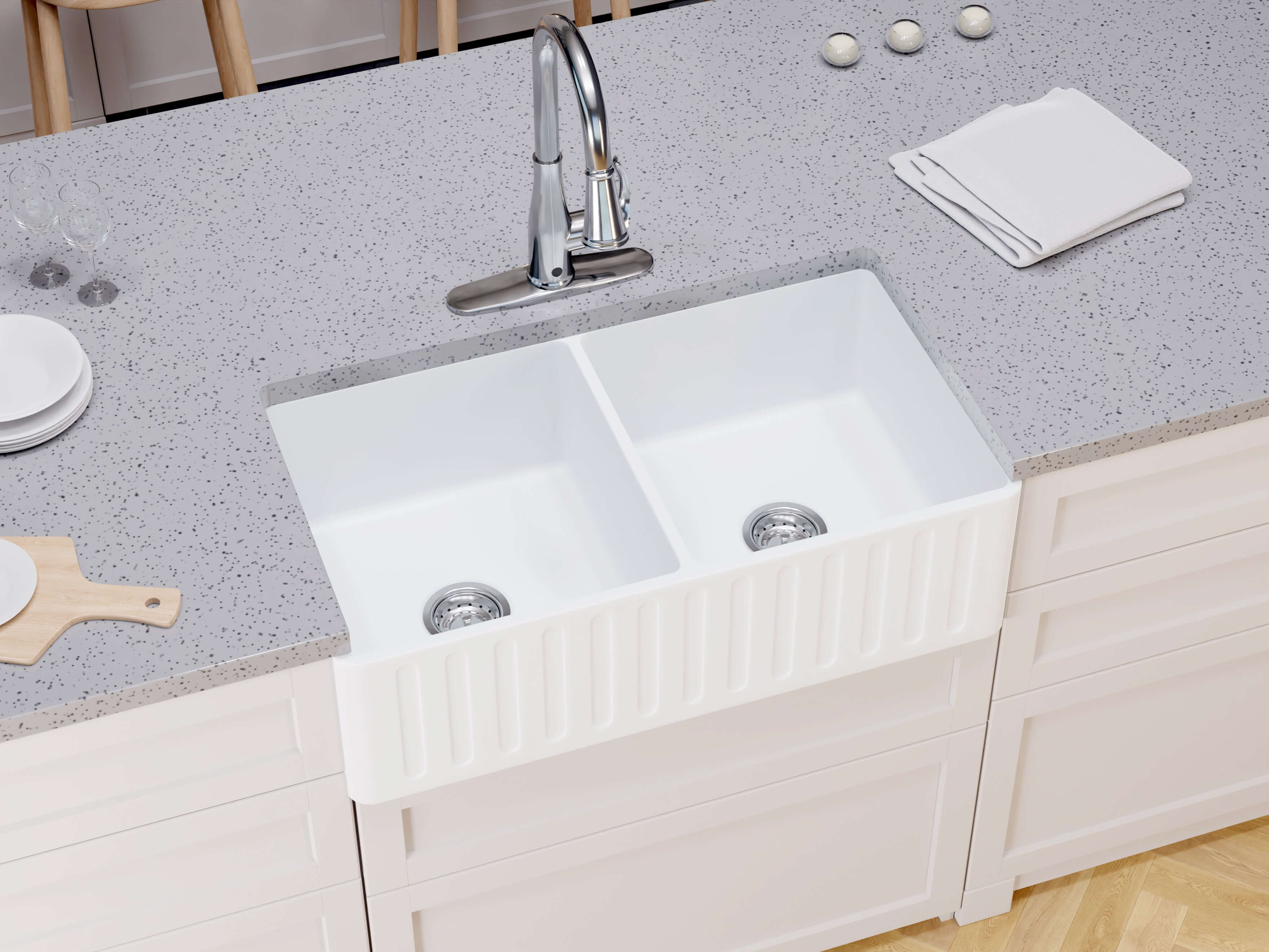 Roine Farmhouse Reversible Apron Front Solid Surface 33 in. 50/50 Basin Kitchen Sink in White