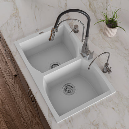 ALFI brand AB3220DI-W White 32" Drop-In Double Bowl Granite Composite Kitchen Sink