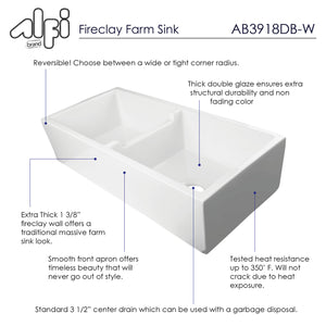 ALFI brand AB3918DB-W 39" White Smooth Apron Thick Wall Fireclay Double Bowl Farm Sink