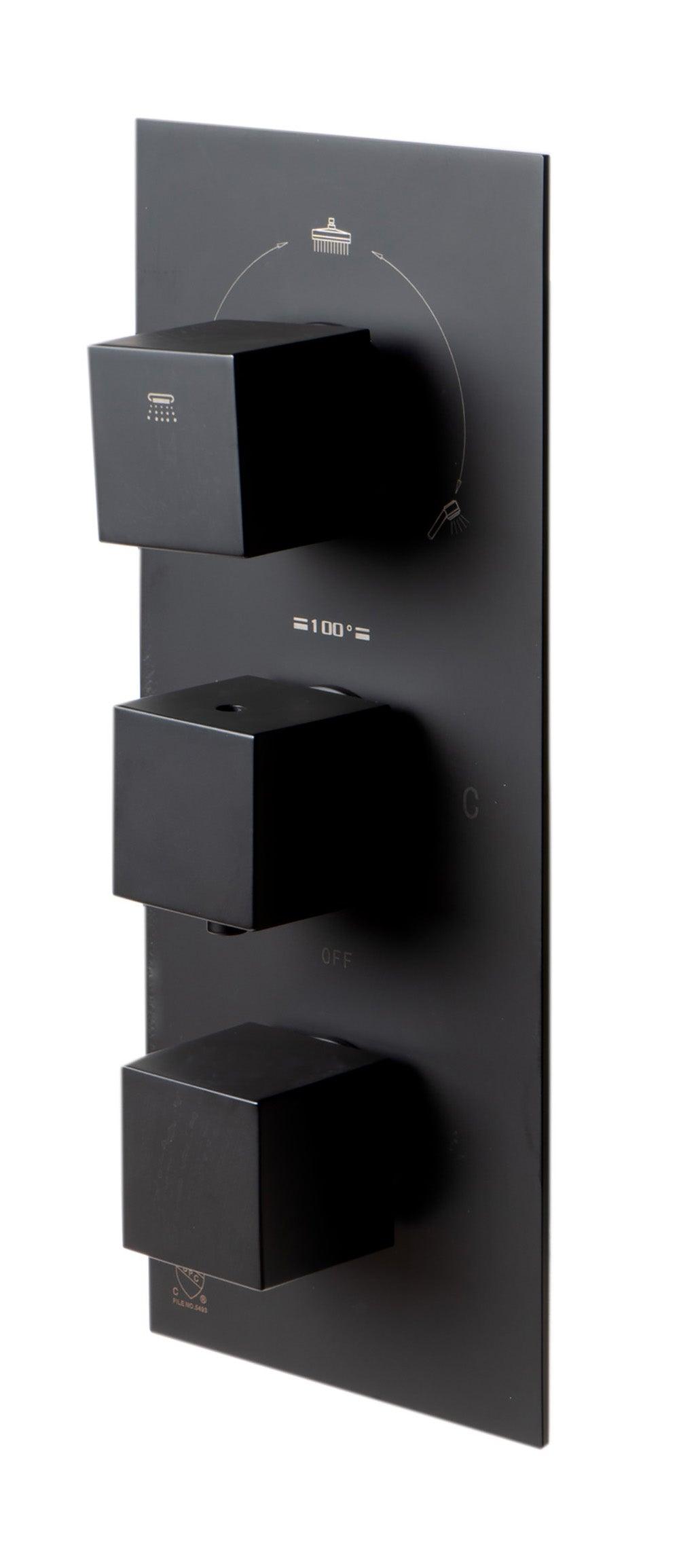 ALFI brand AB2801-BM Black Matte 3-Way Thermostatic Valve Shower Mixer Square Knobs