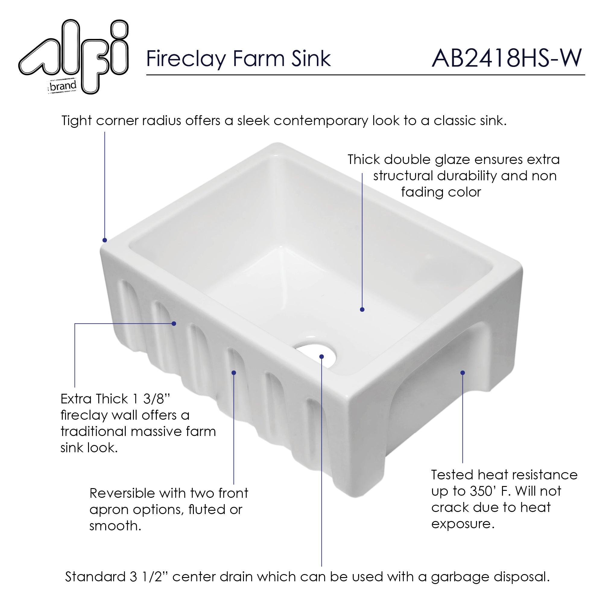 ALFI brand AB2418HS-W 24 inch White Reversible Smooth / Fluted Single Bowl Fireclay Farm Sink