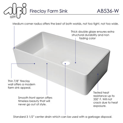 ALFI brand AB536-W White 36" Smooth Apron Single Bowl Fireclay Farm Sink