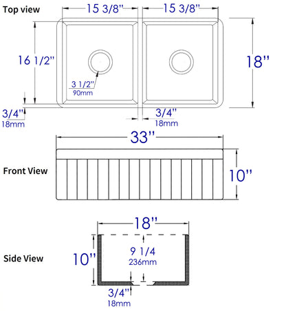 ALFI brand ABF3318D-BM Black Matte Smooth Apron 33" x 18" Double Bowl Fireclay Farm Sink