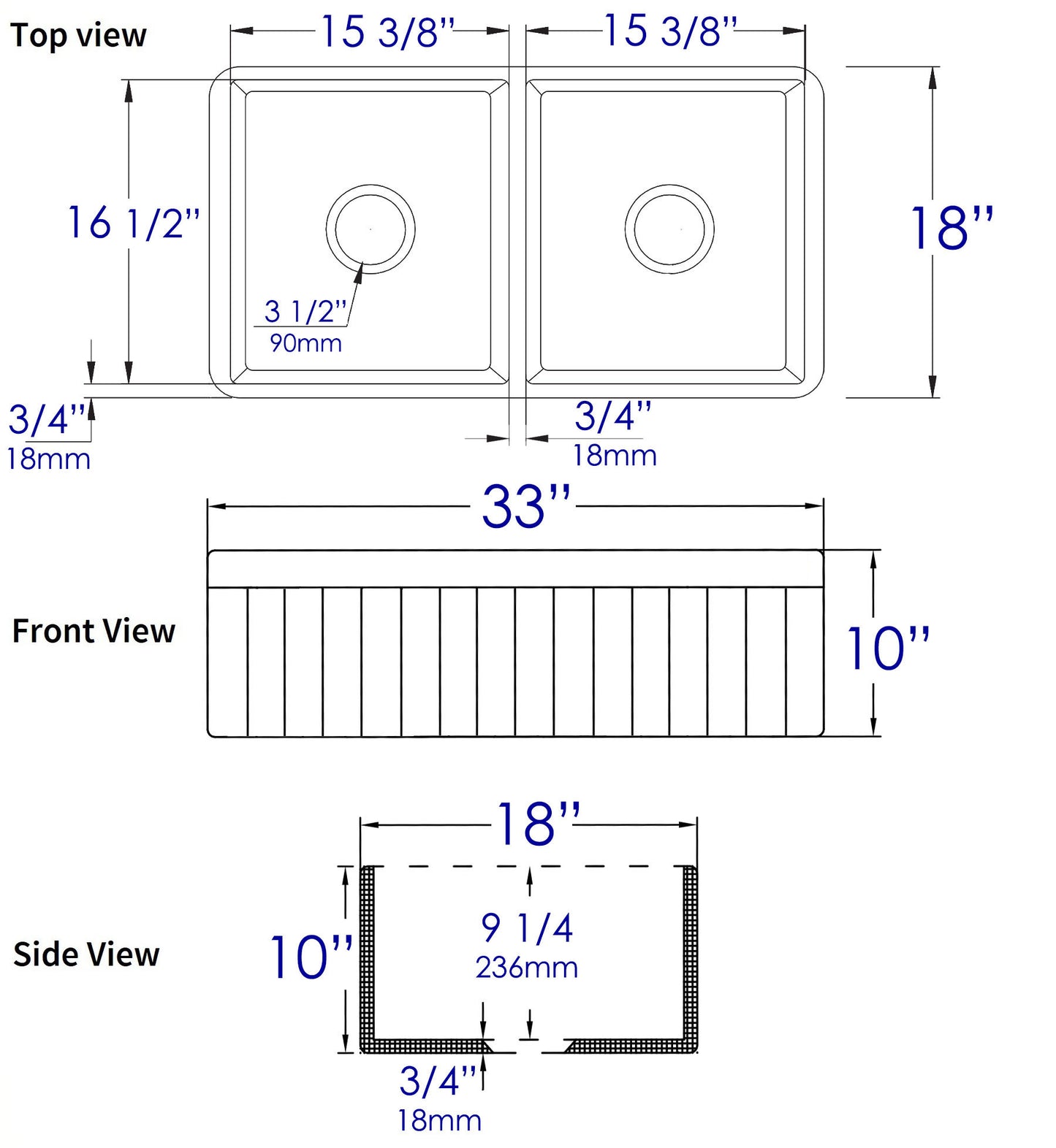 ALFI brand ABF3318D-GM Gray Matte Smooth Apron 33" x 18" Double Bowl Fireclay Farm Sink