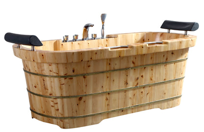 ALFI brand AB1130 65" 2 Person Free Standing Cedar Wooden Bathtub with Fixtures & Headrests