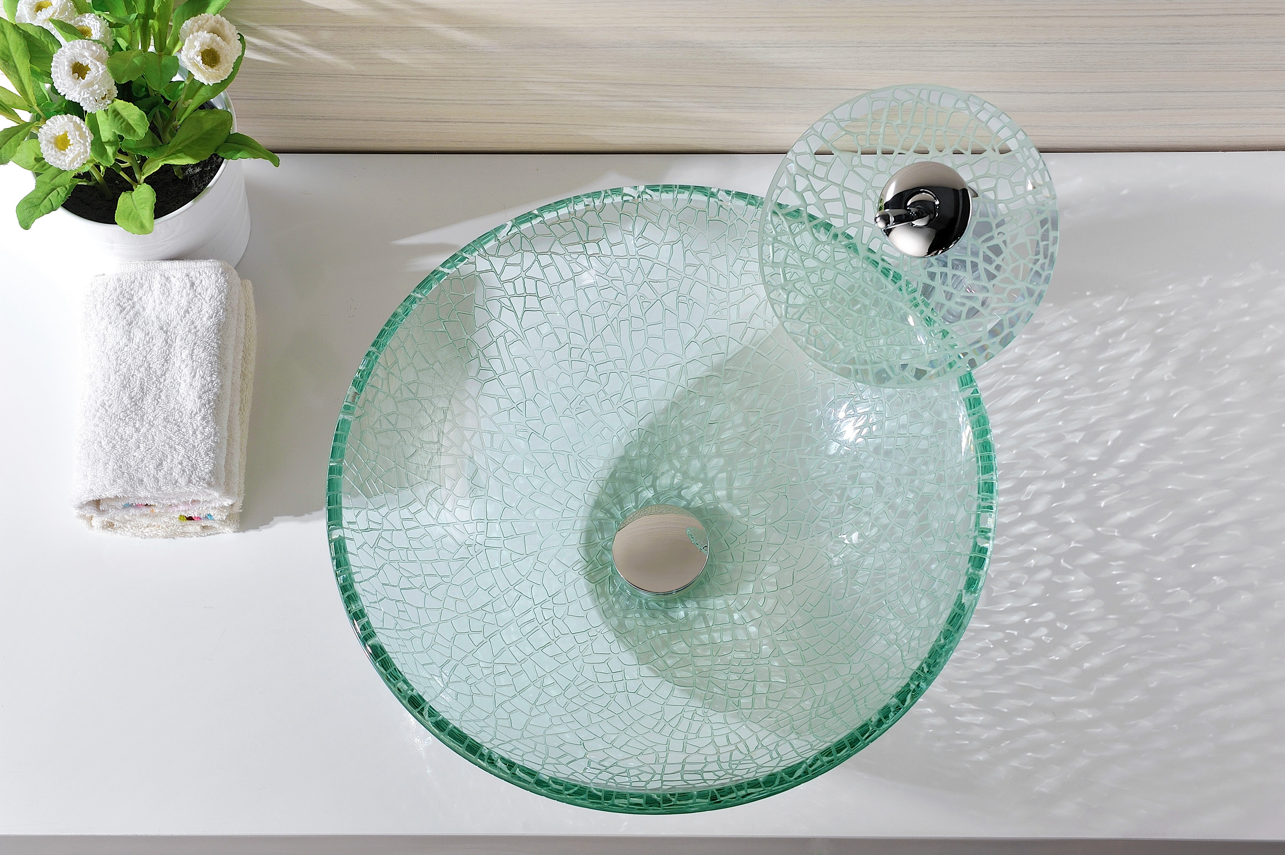 Paeva Series Deco-Glass Vessel Sink in Crystal Clear Chipasi with Matching Chrome Waterfall Faucet