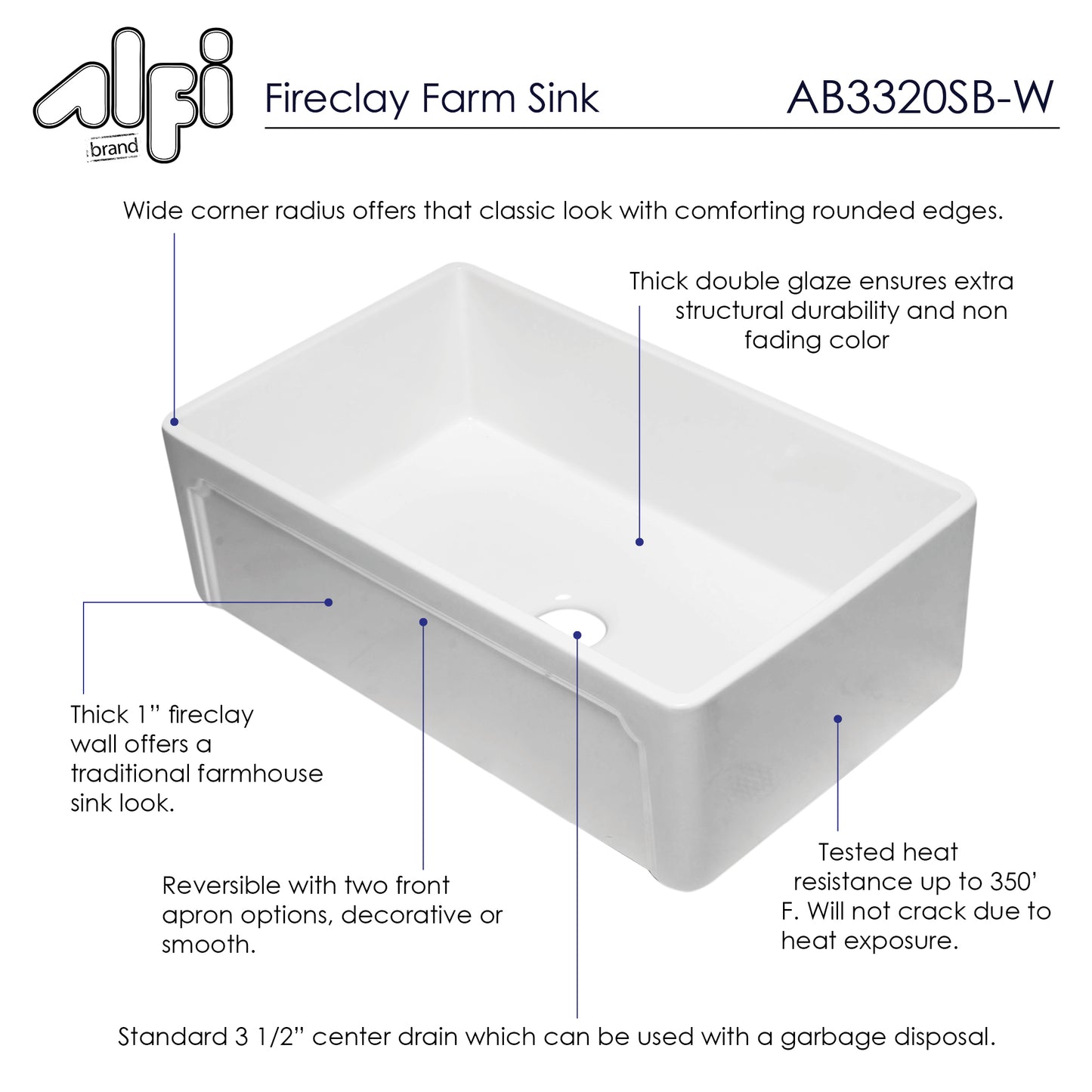 ALFI brand AB3320SB-W 33 inch White Reversible Single Fireclay Farmhouse Kitchen Sink