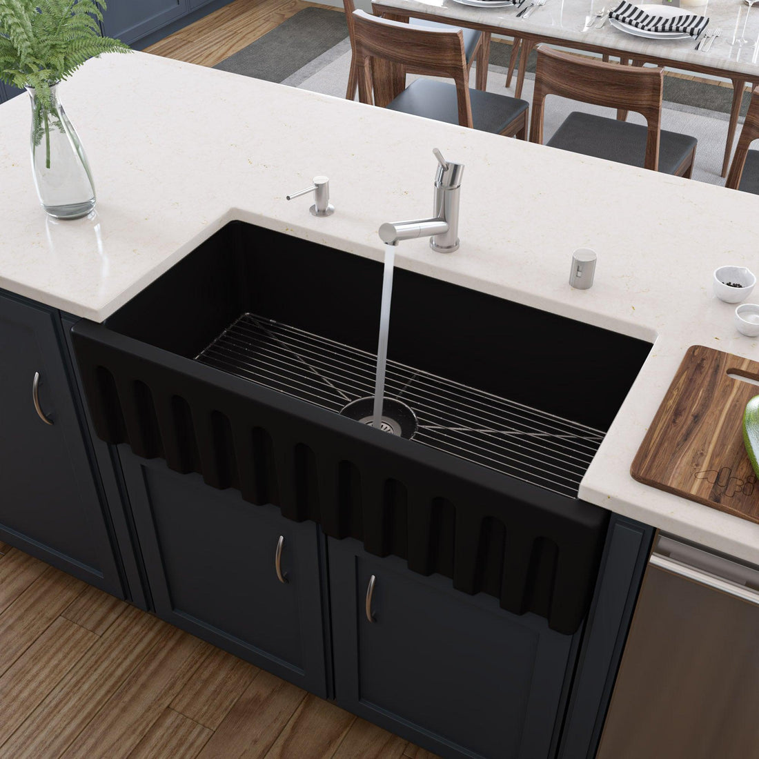 ALFI brand AB3618HS-BM 36" Black Matte Reversible Smooth / Fluted Single Bowl Fireclay Farm Sink
