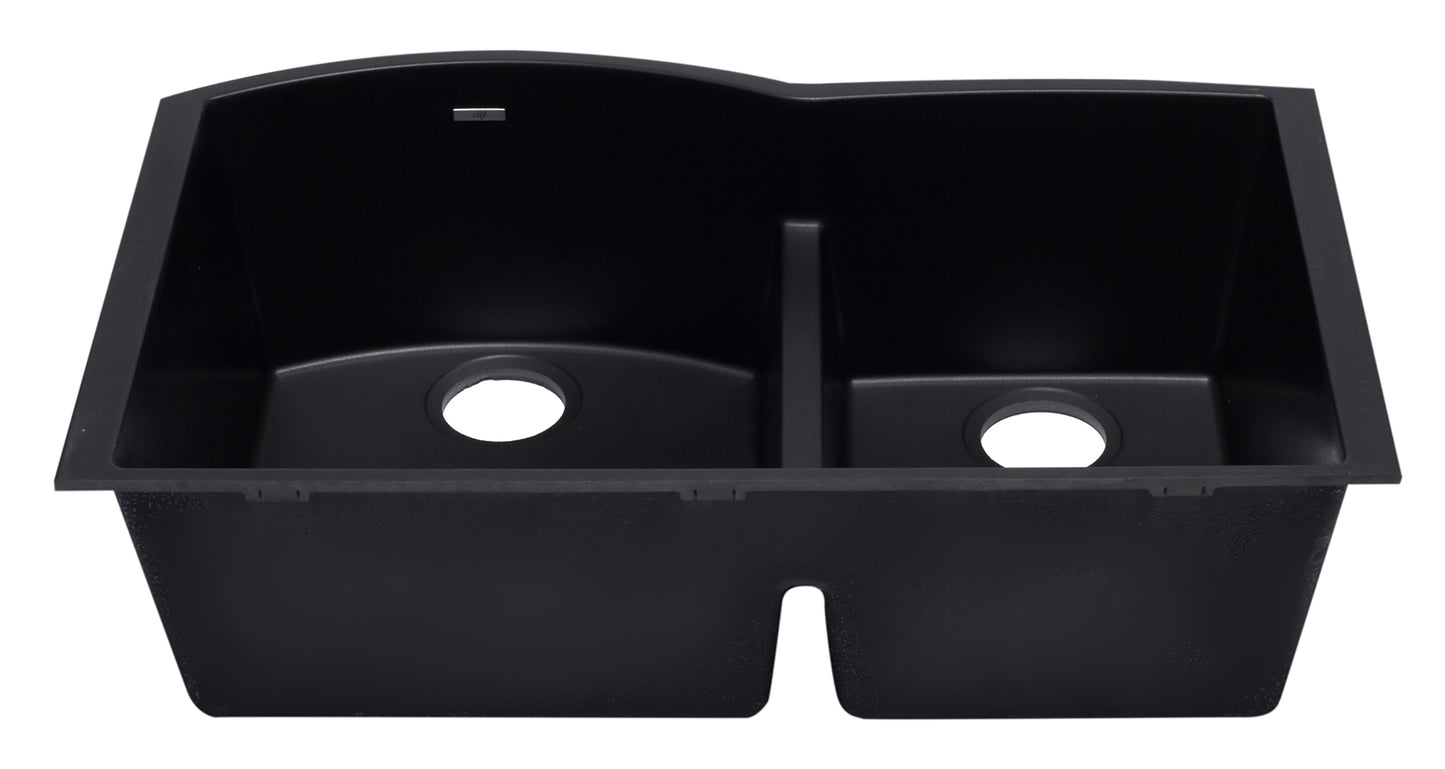 ALFI brand AB3320UM-BLA Black 33" Double Bowl Undermount Granite Composite Kitchen Sink