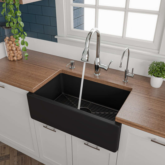 ALFI brand AB3018HS-BM 30" Black Matte Reversible Smooth / Fluted Single Bowl Fireclay Farm Sink