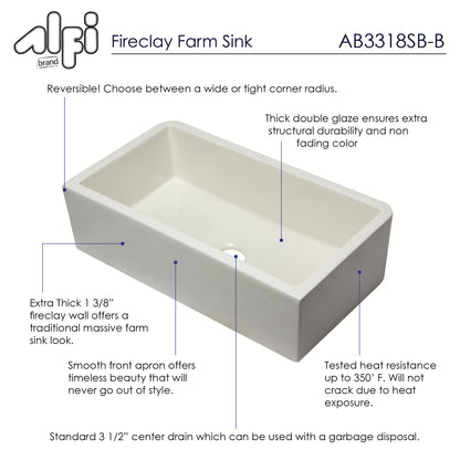 ALFI brand AB3318SB-B 33" Biscuit Smooth Apron Solid Thick Wall Fireclay Single Bowl Farm Sink