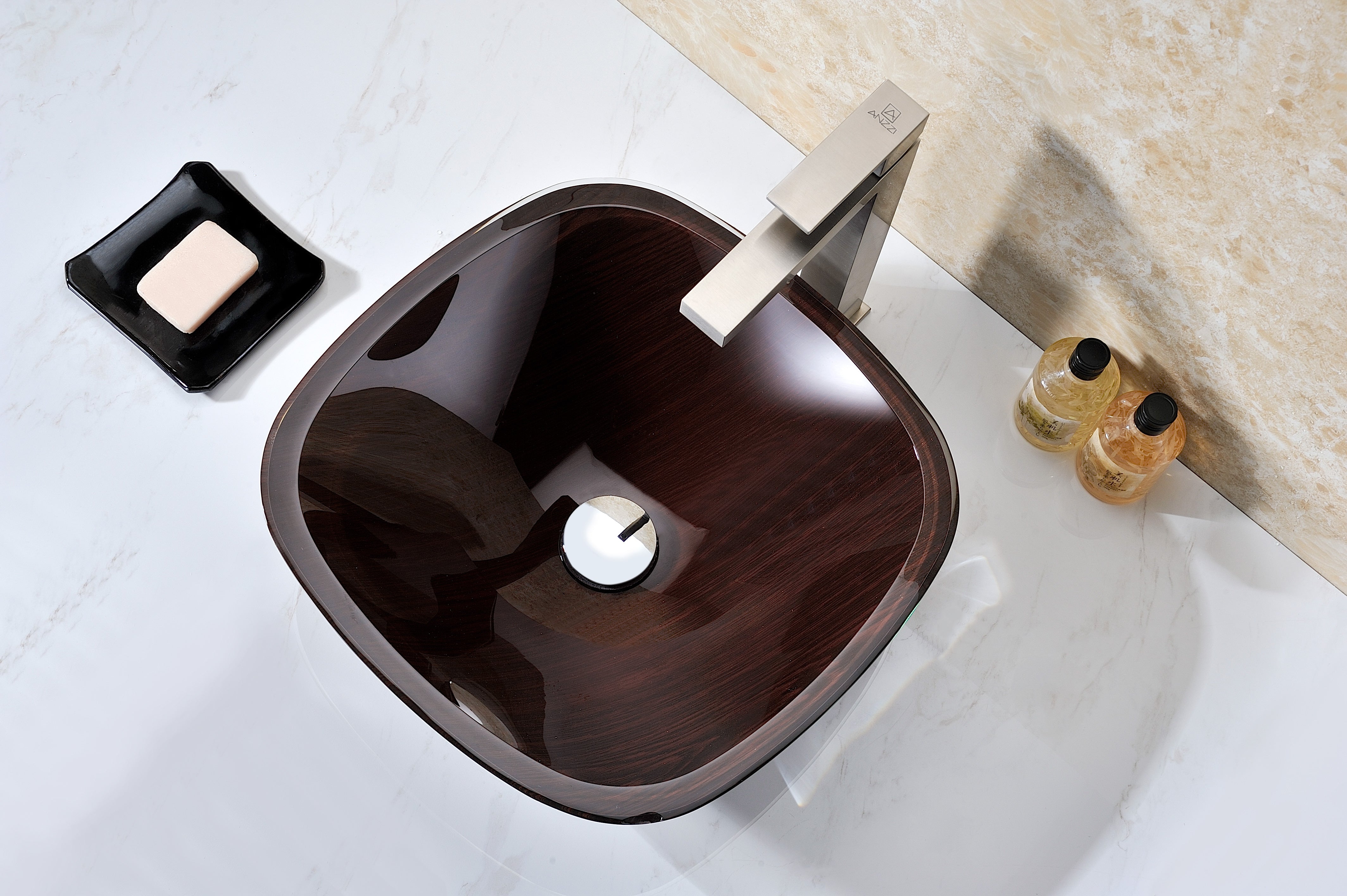 Cansa Series Deco-Glass Vessel Sink in Rich Timber
