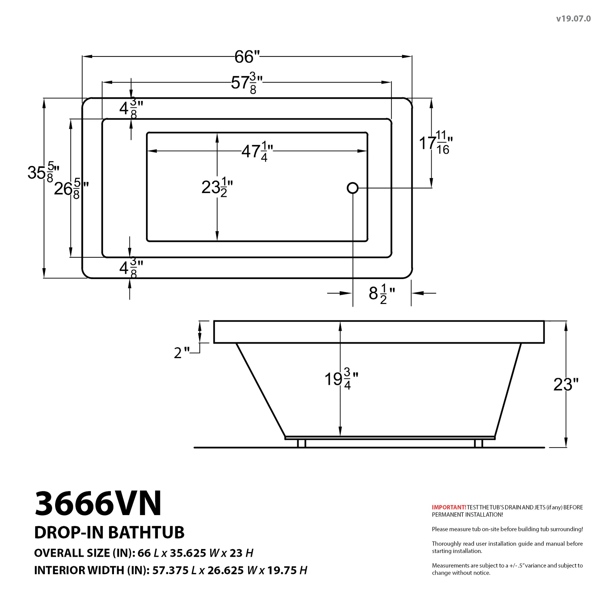 Venetian 36 x 66 Air Jetted Bathtub by Atlantis Whirlpools – Acrylic, Drop-In Design