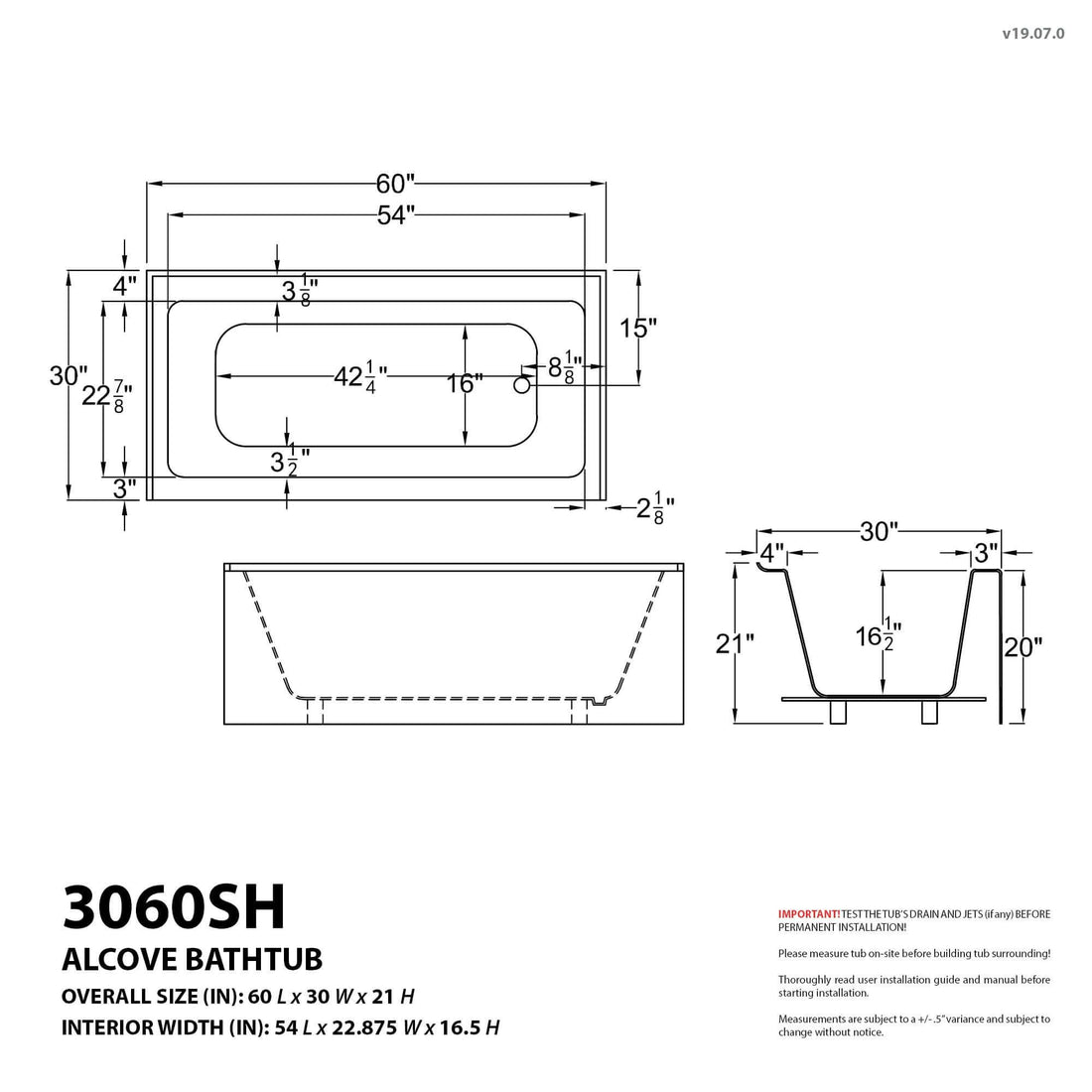 Atlantis Whirlpools Soho 30 x 60 Front Skirted Air Massage Tub side view