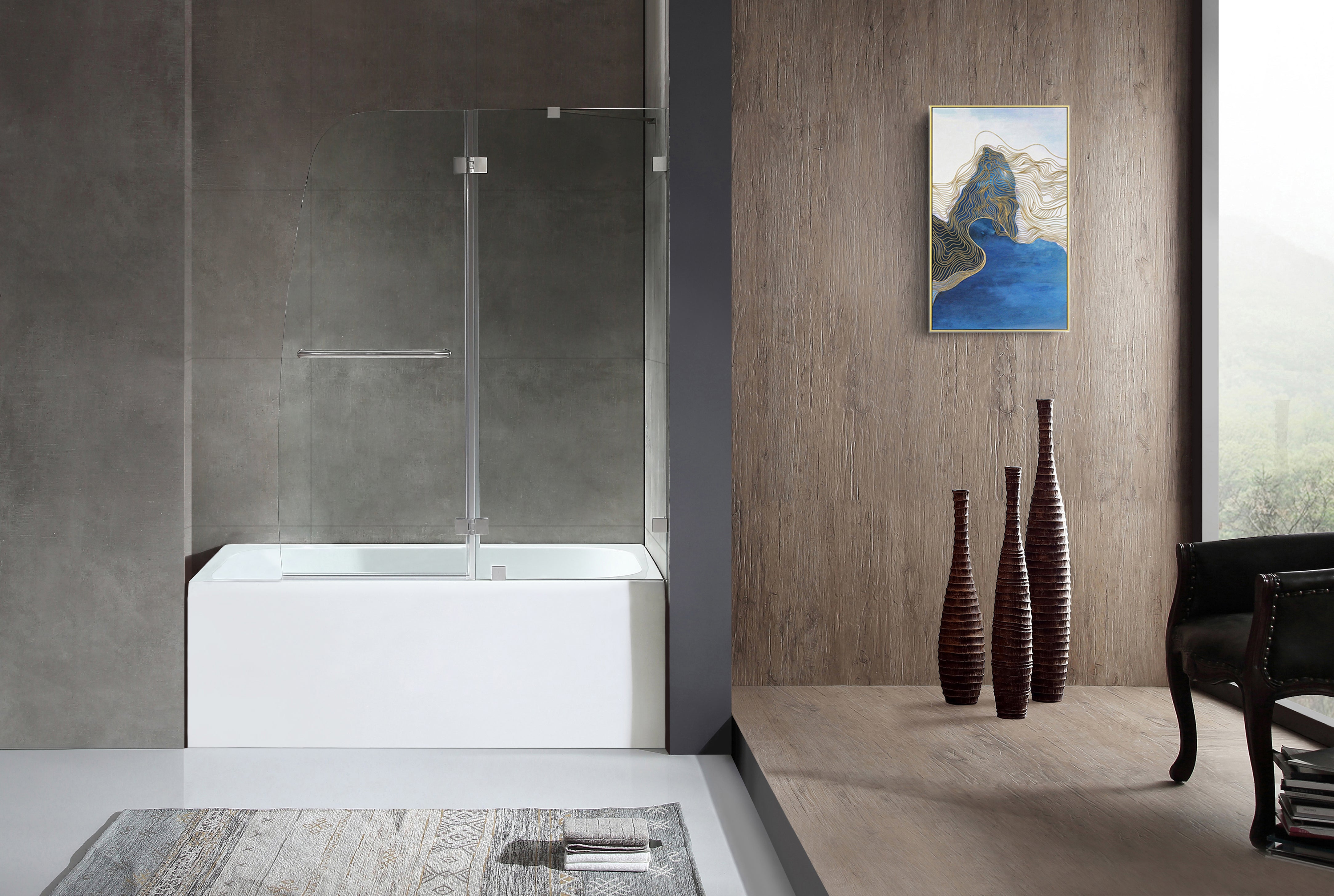 Anzzi 5 ft. Acrylic Rectangle Tub in White With 48 in. by 58 in. Frameless Hinged tub door