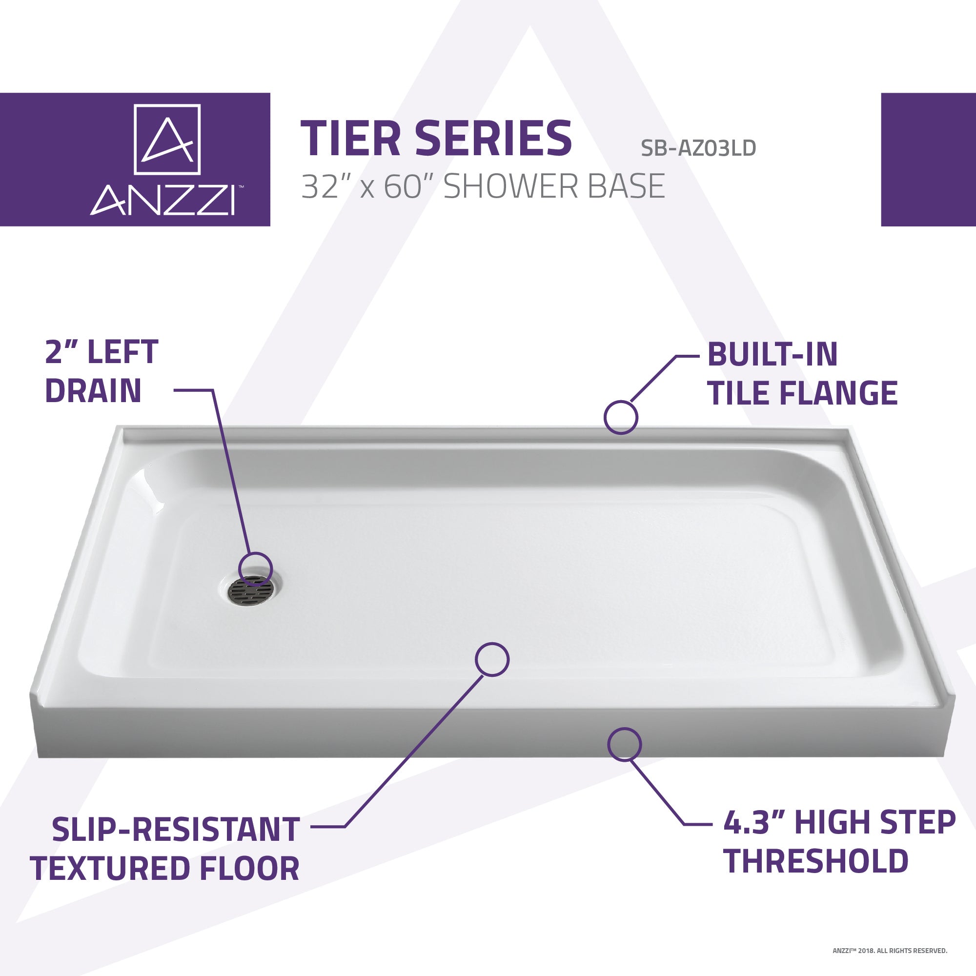 Tier 32 x 60 in. Left Drain Single Threshold Shower Base in White